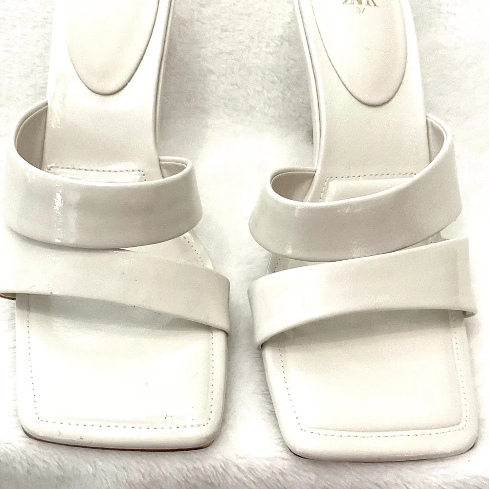 Zara White Open Toe Square Padded Dressy High Heel Sandals Size US7/EU37